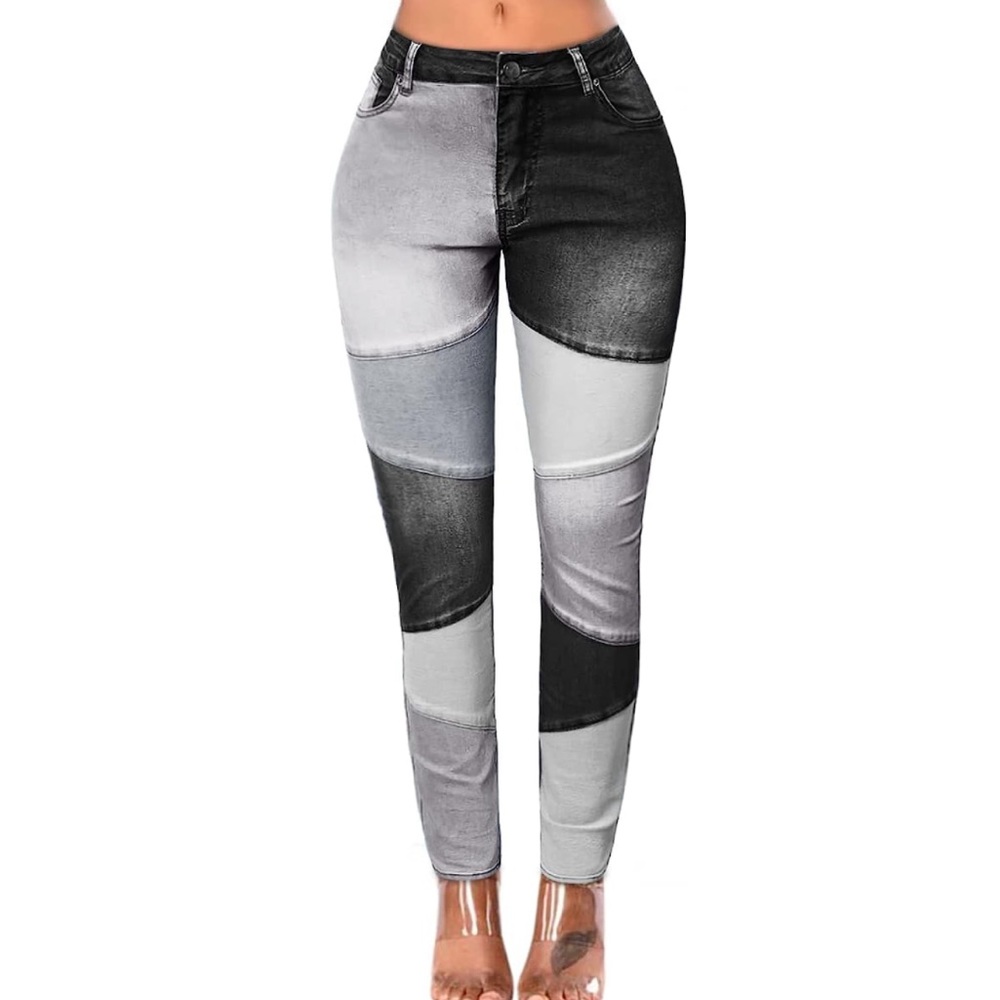 Black Denim Stretch Patchwork Pants - image 8